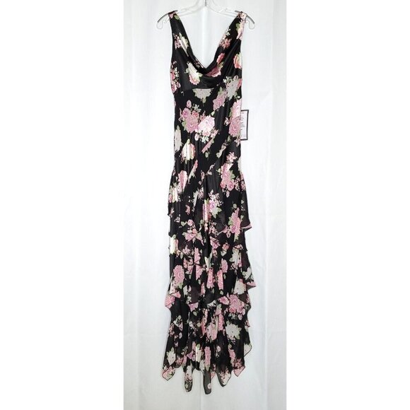 City Studio Dresses & Skirts - Floral Babydoll Slip Dress M Black Pink Satin Long Maxi Chiffon Ruffles Fairy